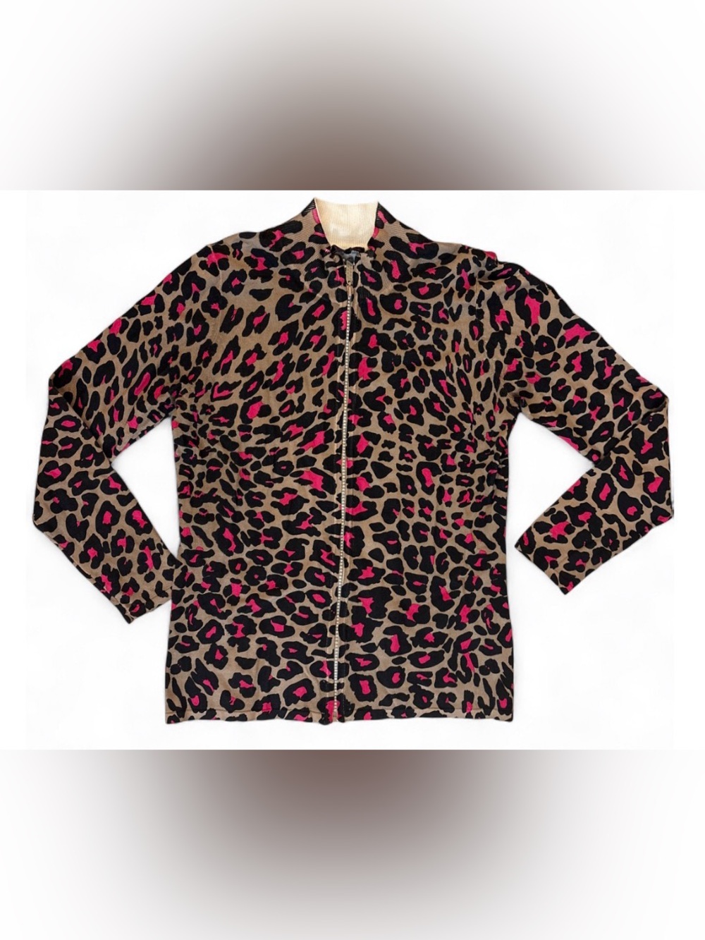 Leopard Print Cardigan Sweater in Tan with Black Pink Accents Rhinestone Zipper